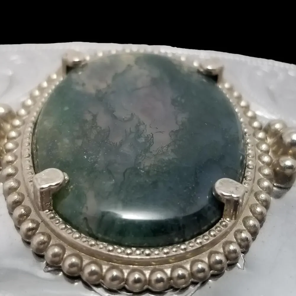 Vintage Belt Buckle Cabochon Agate Western Filigree Carved Flowers‎ Silver Color